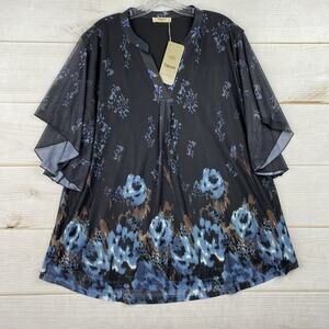 Timeson Womens Top XXL Black Blue Floral Boho Bell Sleeve V Neck Lined Mesh NWT